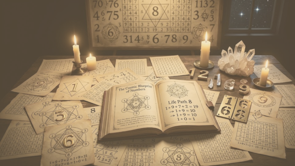 Numerology book and charts illustrating how to calculate core numerology numbers, including Life Path Number